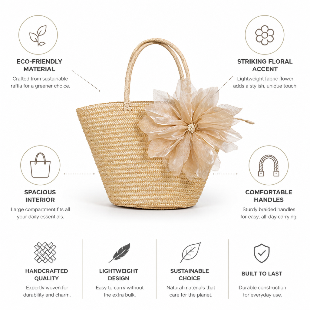 Handcrafted Raffia Floral Tote Bag