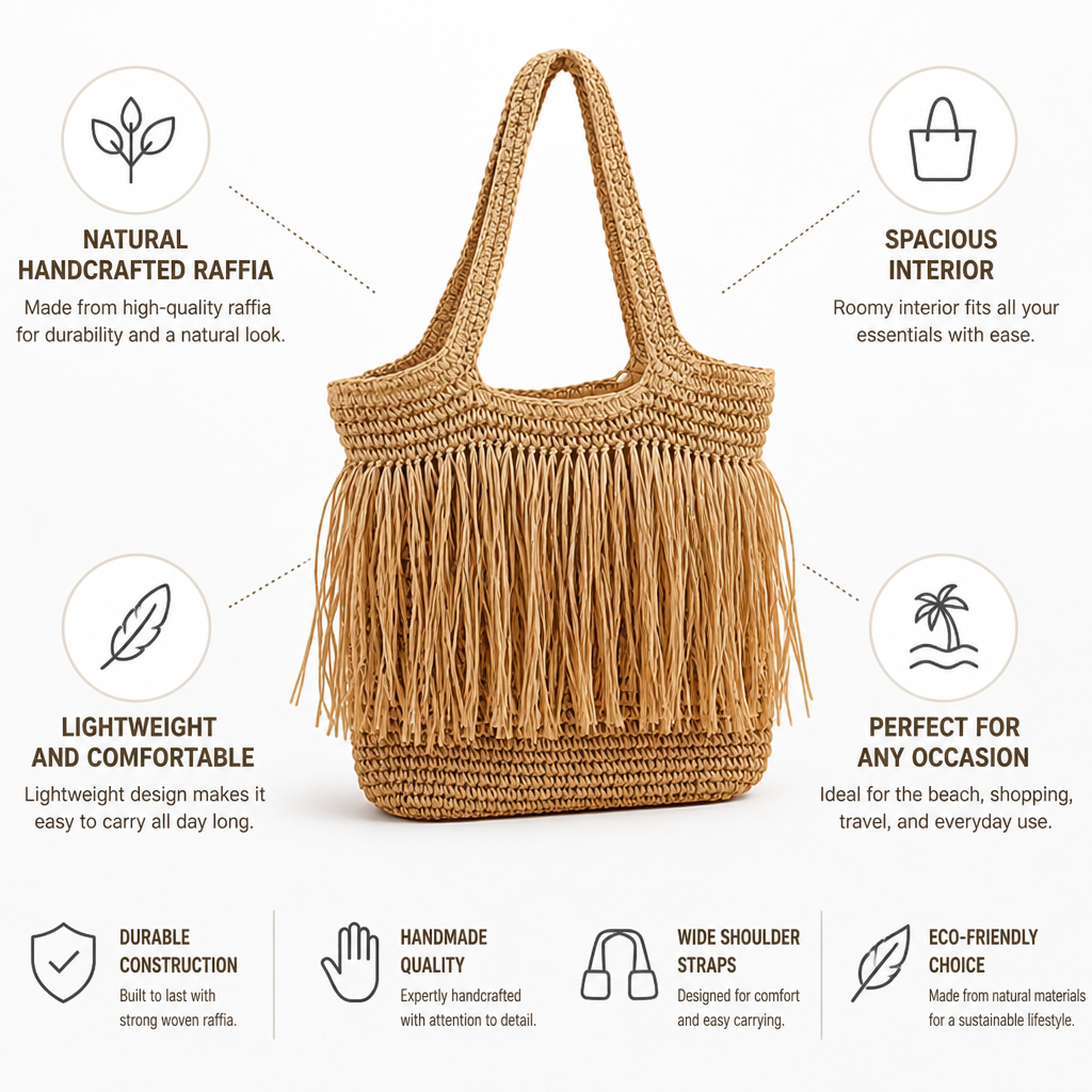 Handcrafted Raffia Fringed Tote Bag
