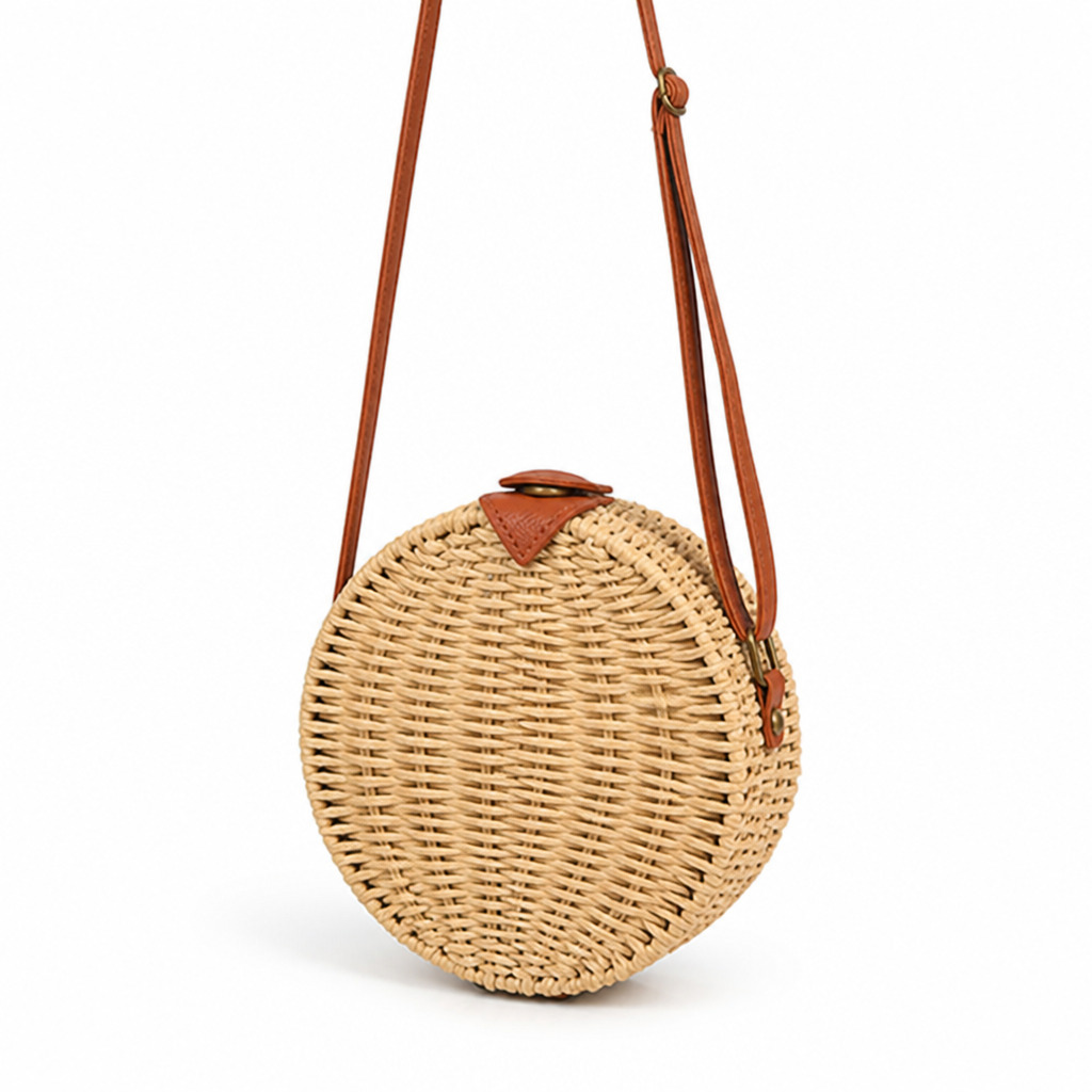 Handcrafted Raffia & Leather Round Basket Bag (Adjustable Strap)
