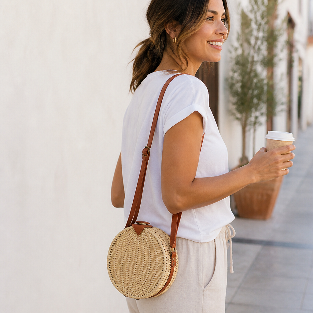 Handcrafted Raffia & Leather Round Basket Bag (Adjustable Strap)
