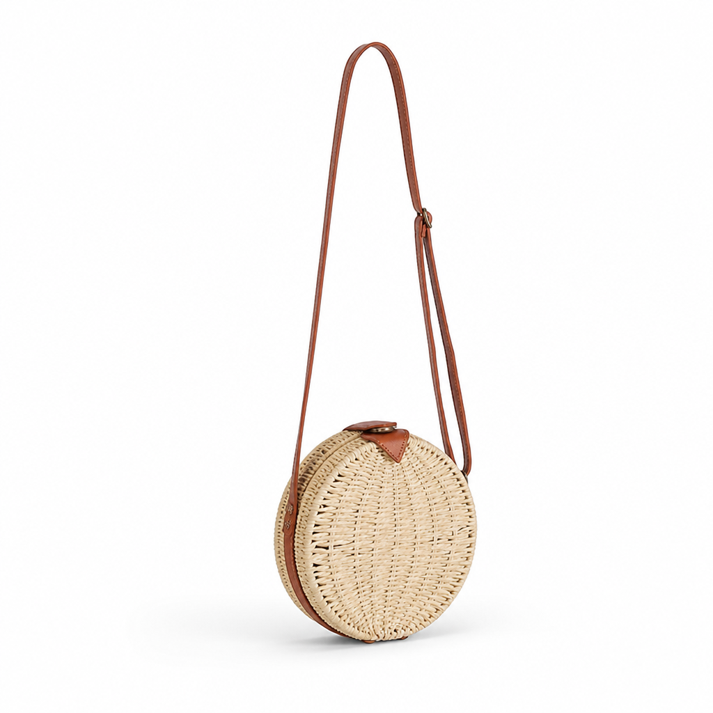 Handcrafted Raffia & Leather Round Basket Bag (Adjustable Strap)