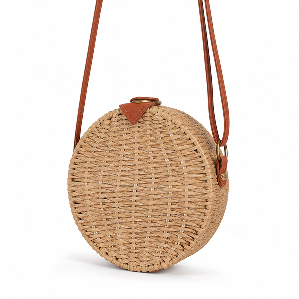 Handcrafted Raffia & Leather Round Basket Bag (Adjustable Strap)