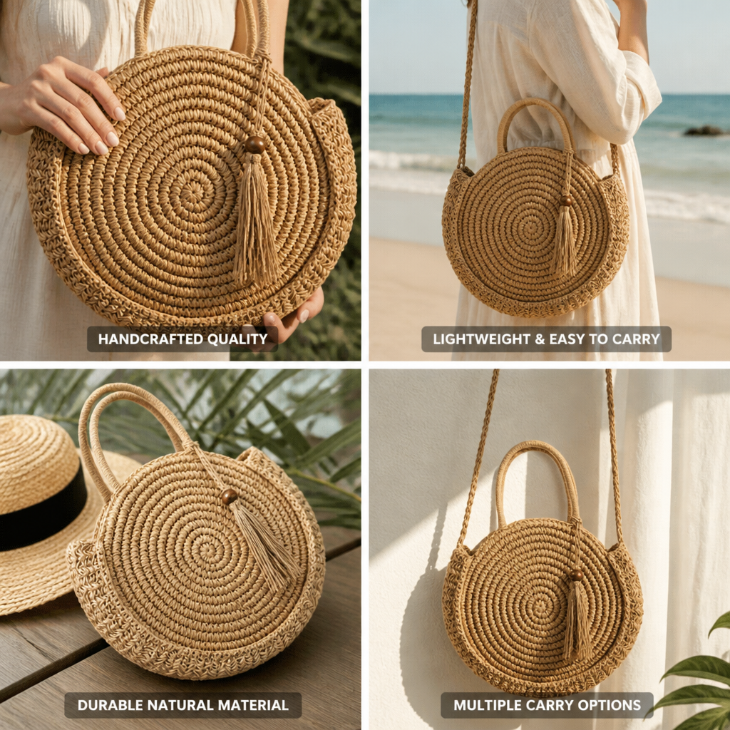 Handcrafted Raffia Tassel Round Straw Bag