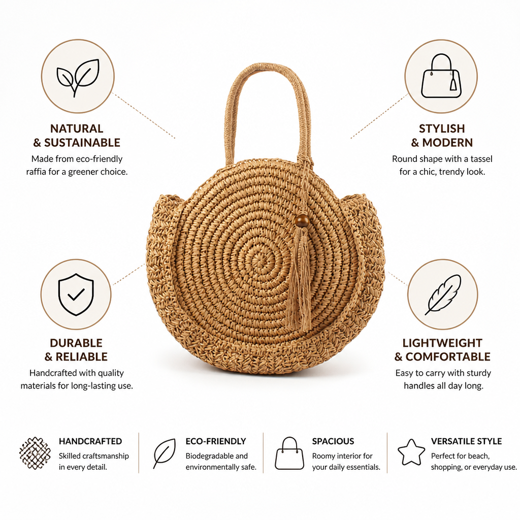 Handcrafted Raffia Tassel Round Straw Bag