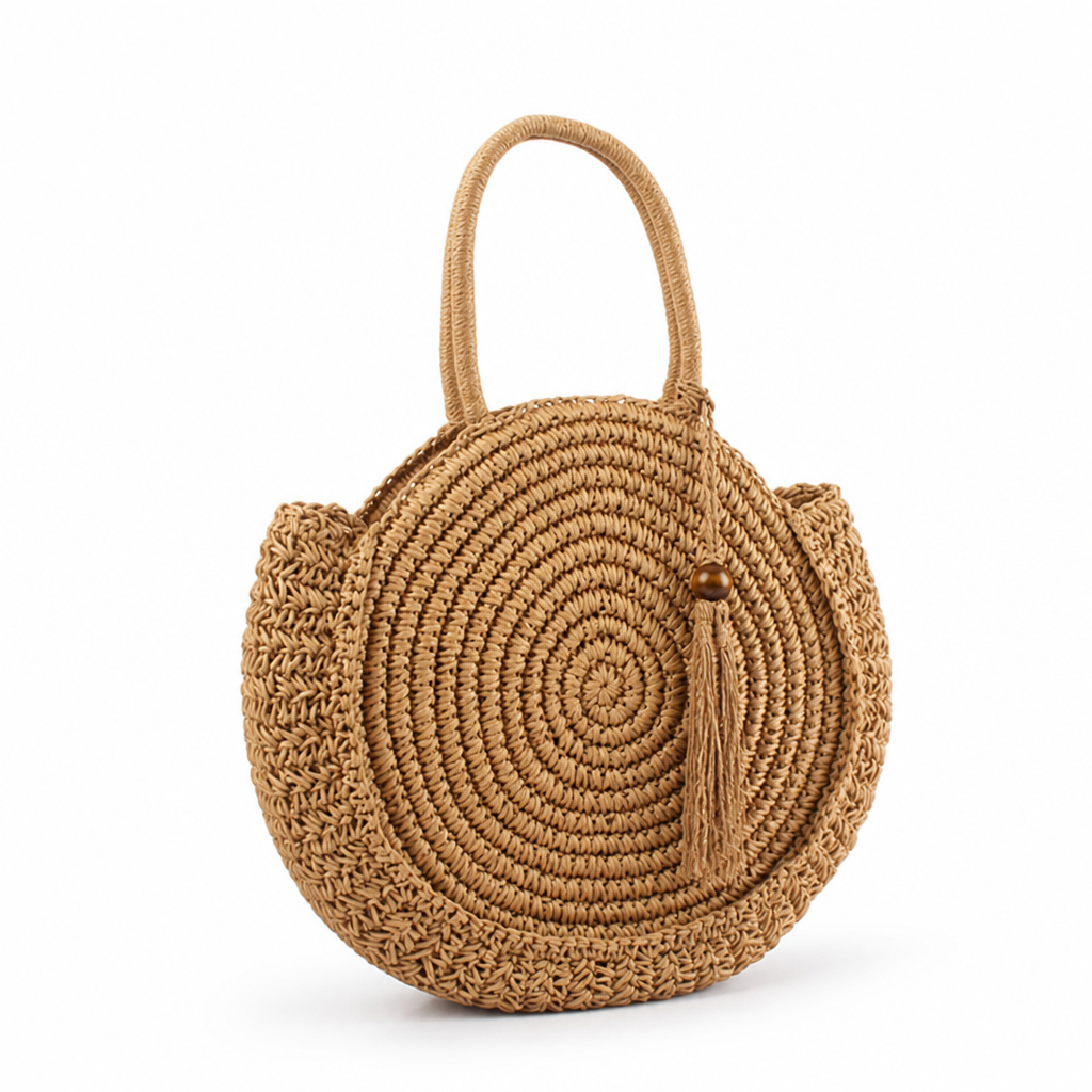 Handcrafted Raffia Tassel Round Straw Bag