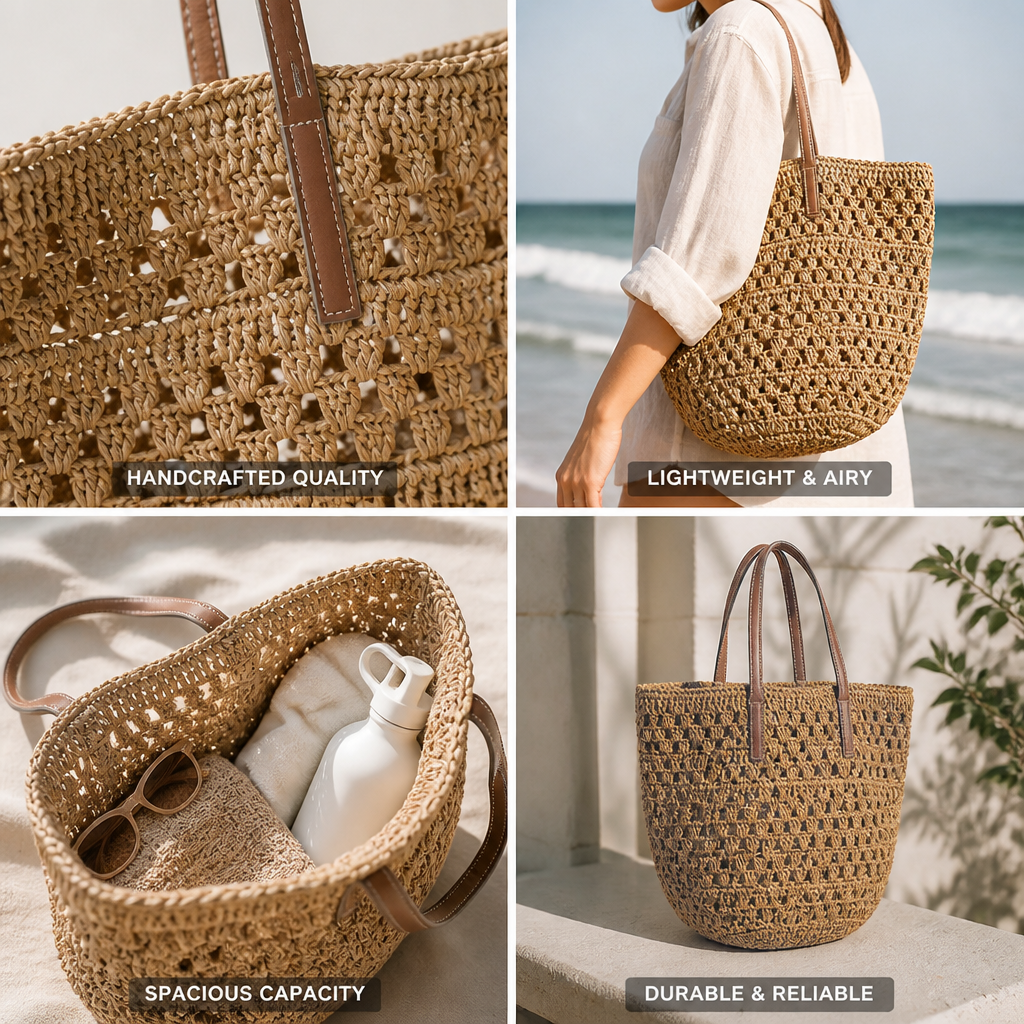 Handcrafted Raffia Wide-Mesh Leather-Handled Beach Bag