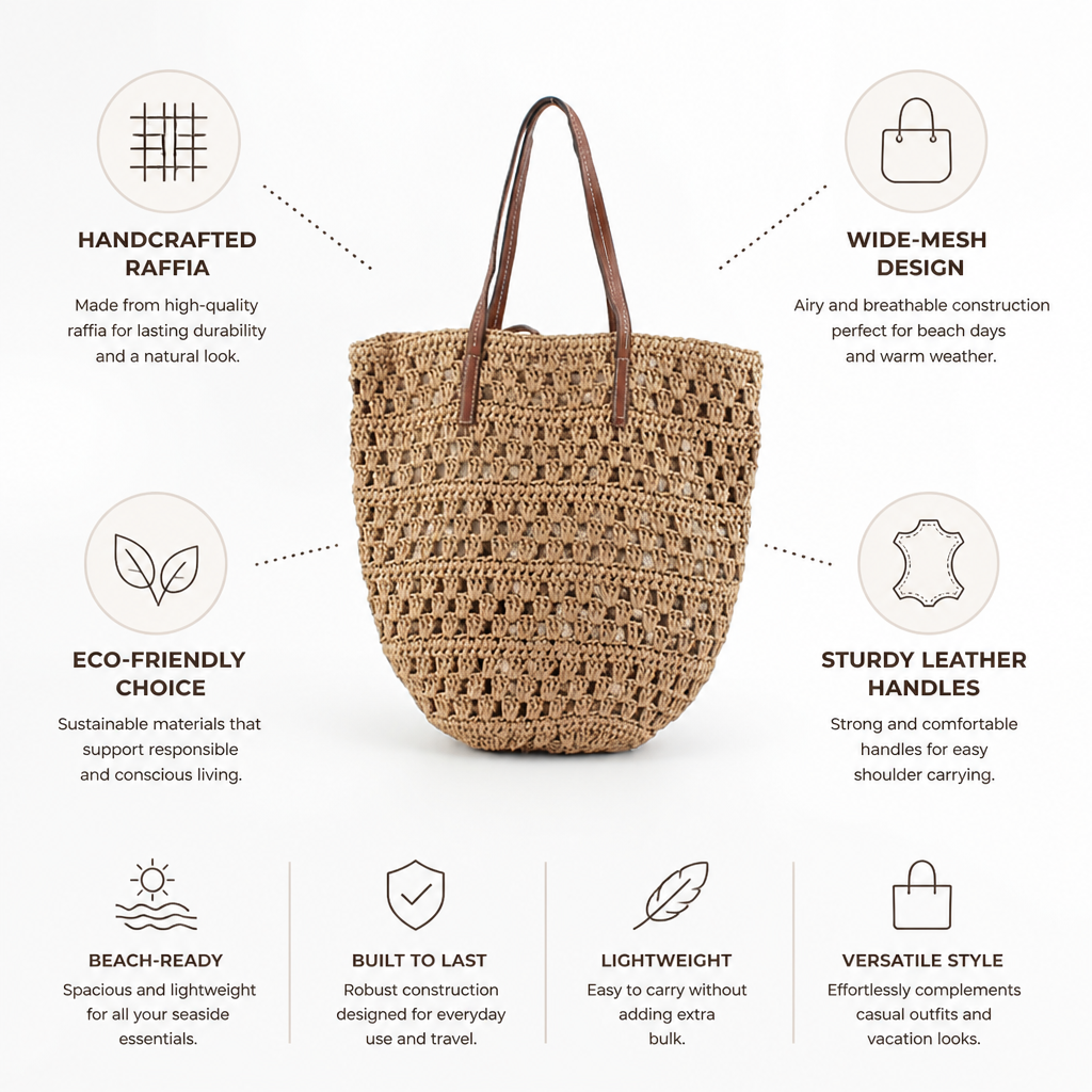 Handcrafted Raffia Wide-Mesh Leather-Handled Beach Bag
