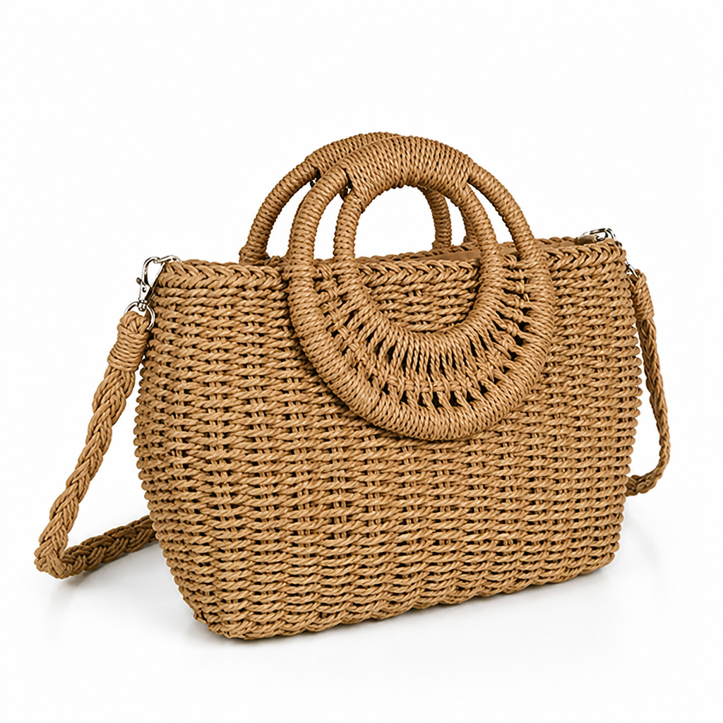 Handcrafted Rattan Round-Handle Handbag (Removable Strap)