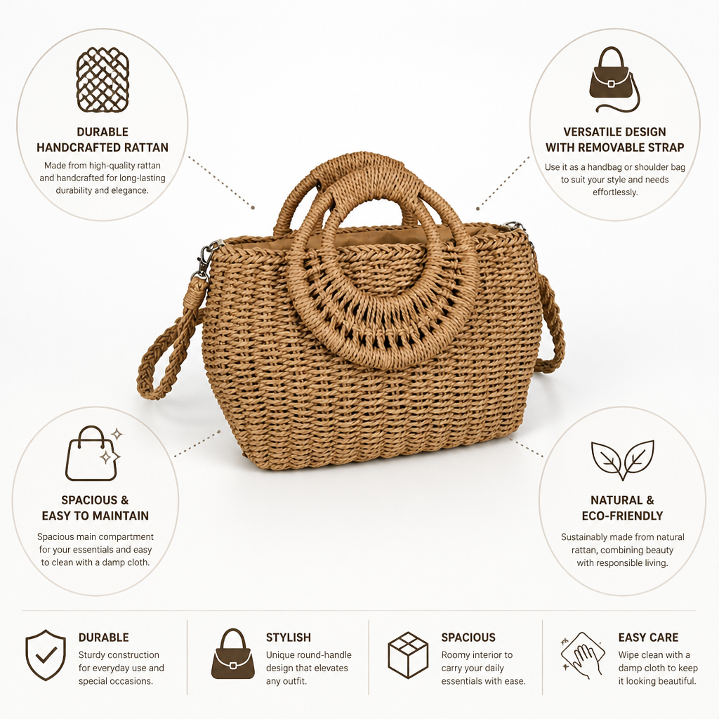 Handcrafted Rattan Round-Handle Handbag (Removable Strap)