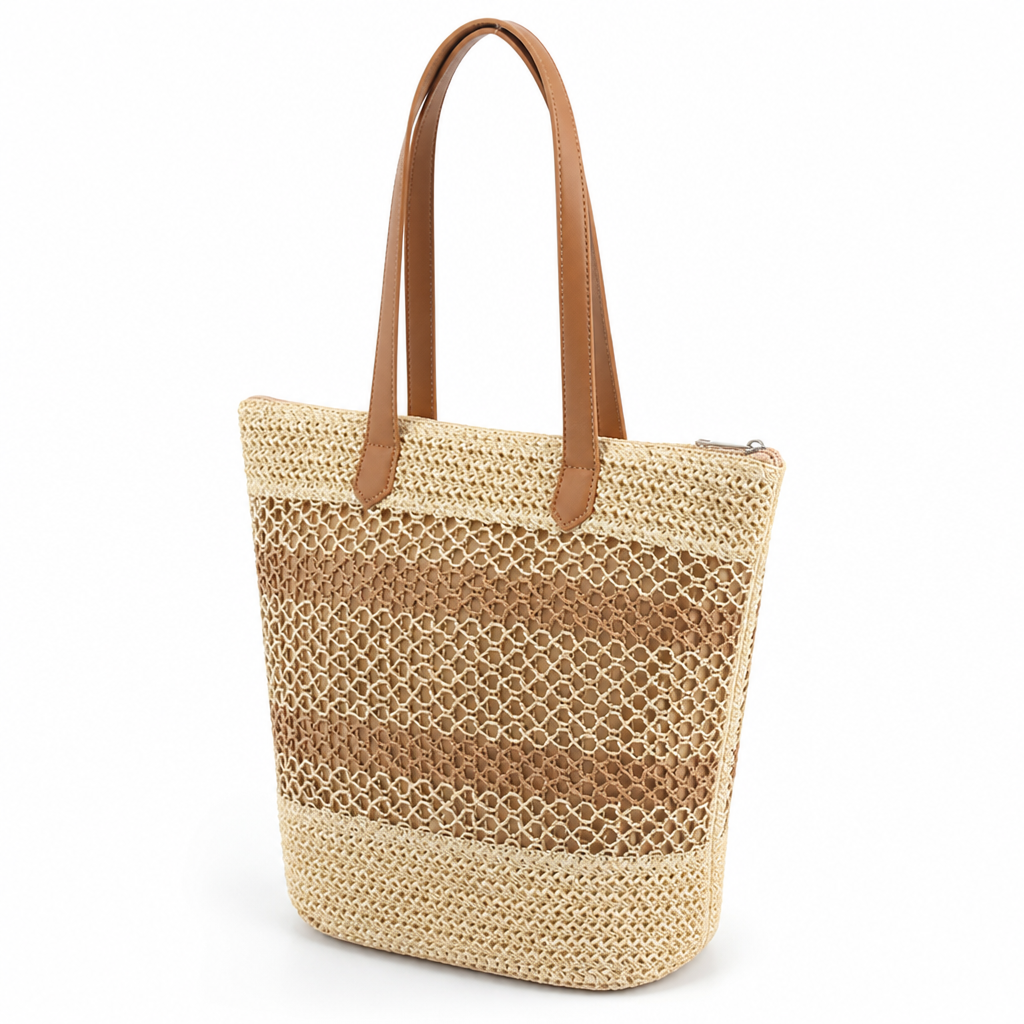 Handcrafted Straw & Faux Leather Tote Bag (Adjustable Straps)