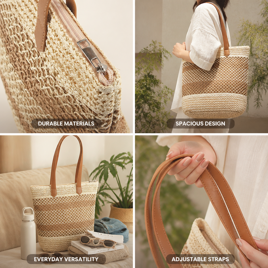 Handcrafted Straw & Faux Leather Tote Bag (Adjustable Straps)