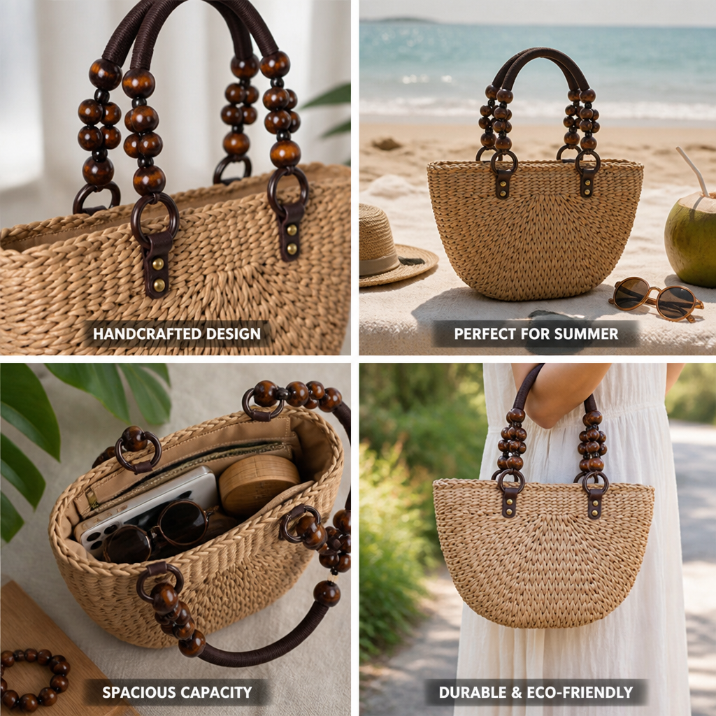 Handcrafted Straw Handbag With Wooden Bead Handles