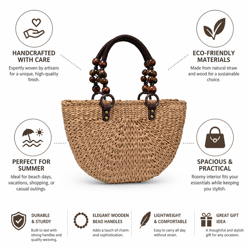 Handcrafted Straw Handbag With Wooden Bead Handles