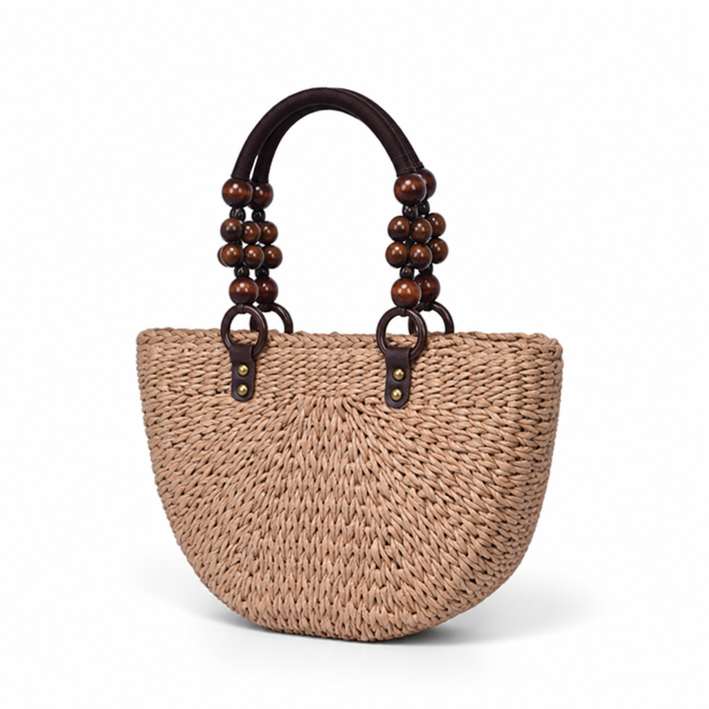 Handcrafted Straw Handbag With Wooden Bead Handles