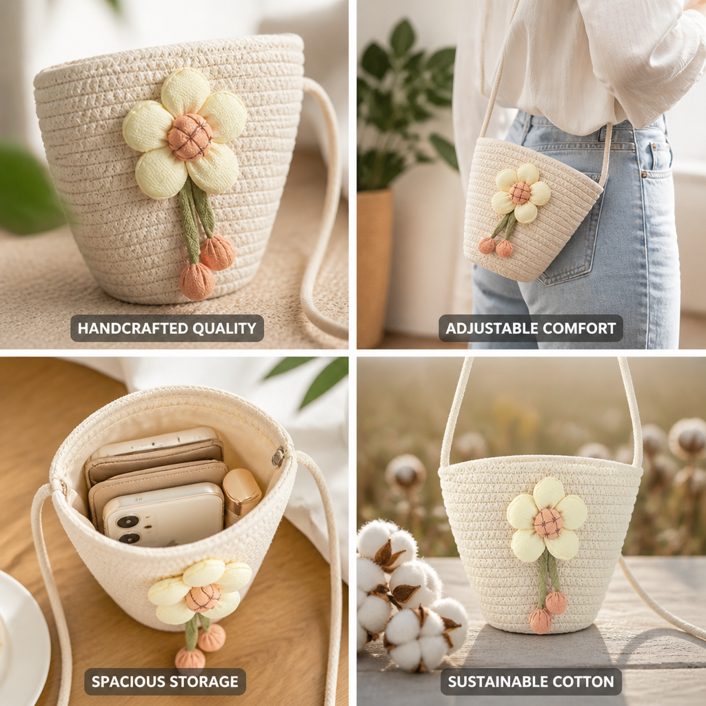 Handcrafted Sustainable Cotton Flower-Embroidered Shoulder Bag