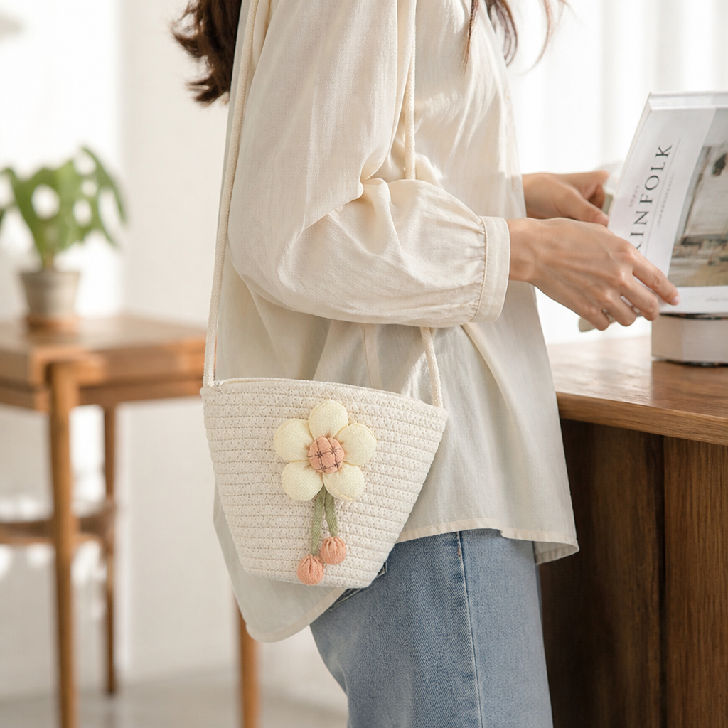 Handcrafted Sustainable Cotton Flower-Embroidered Shoulder Bag