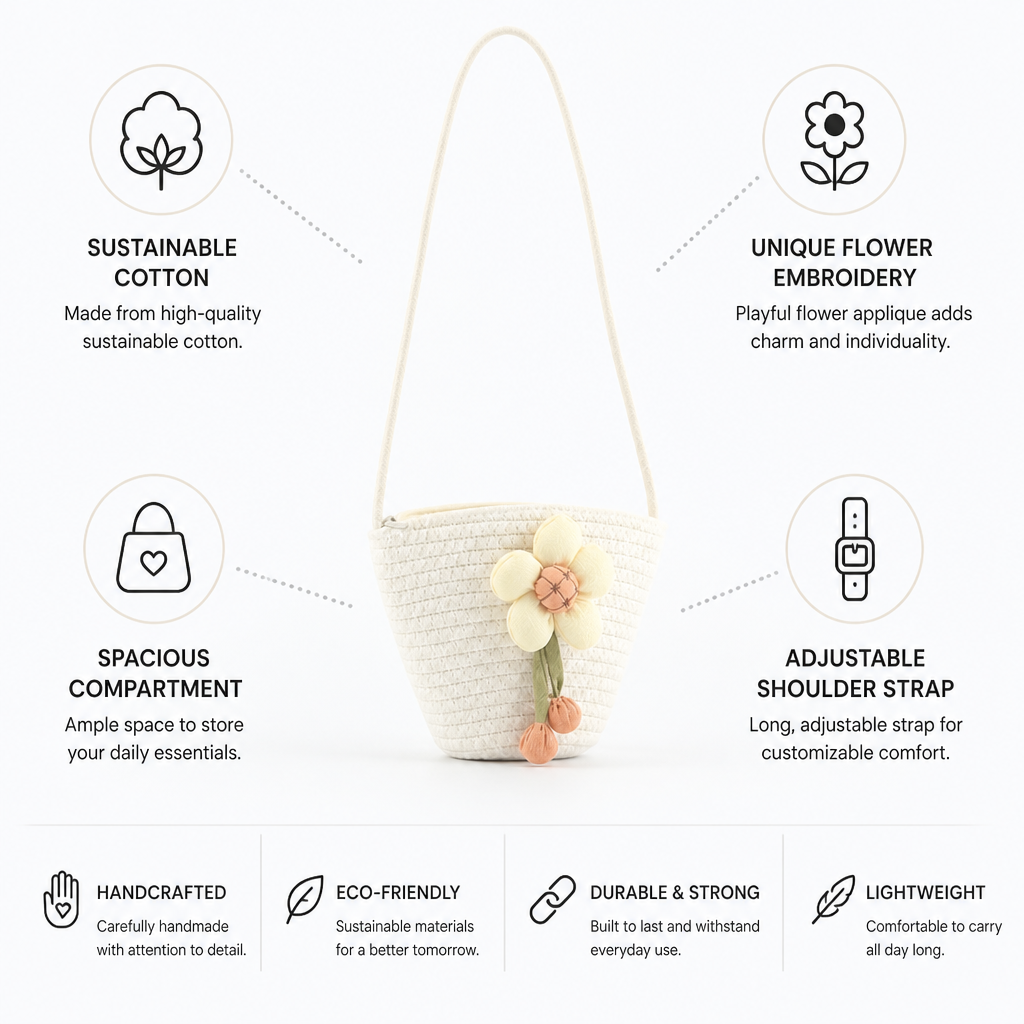 Handcrafted Sustainable Cotton Flower-Embroidered Shoulder Bag