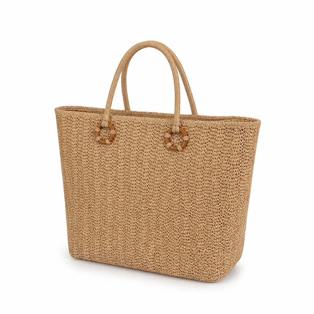 Handcrafted Woven Bamboo-Handled Shopping Bag