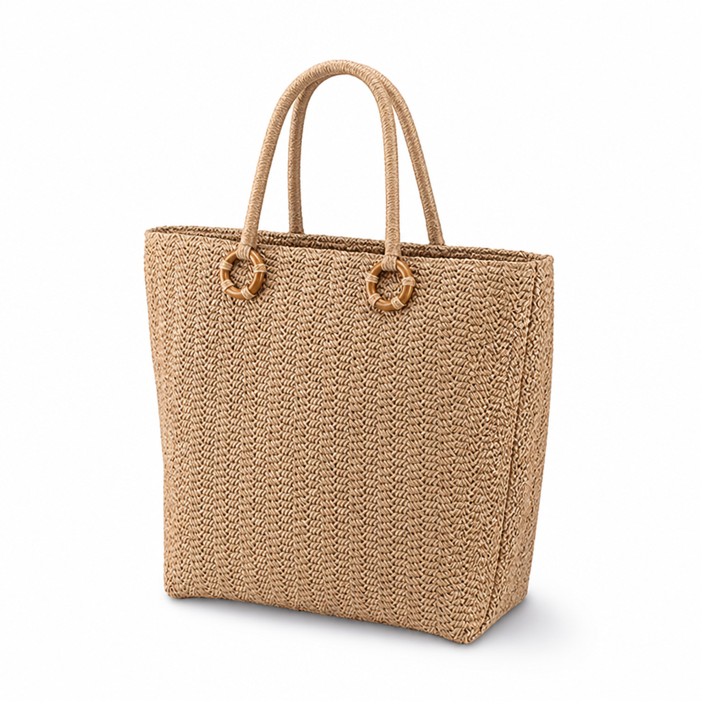 Handcrafted Woven Bamboo-Handled Shopping Bag