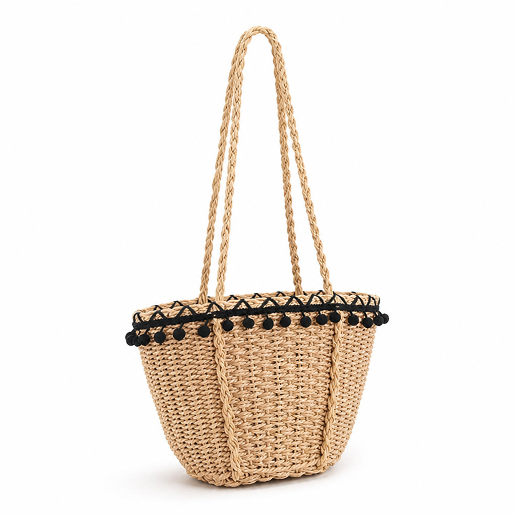 Handcrafted Woven Straw Pompon Beach Tote