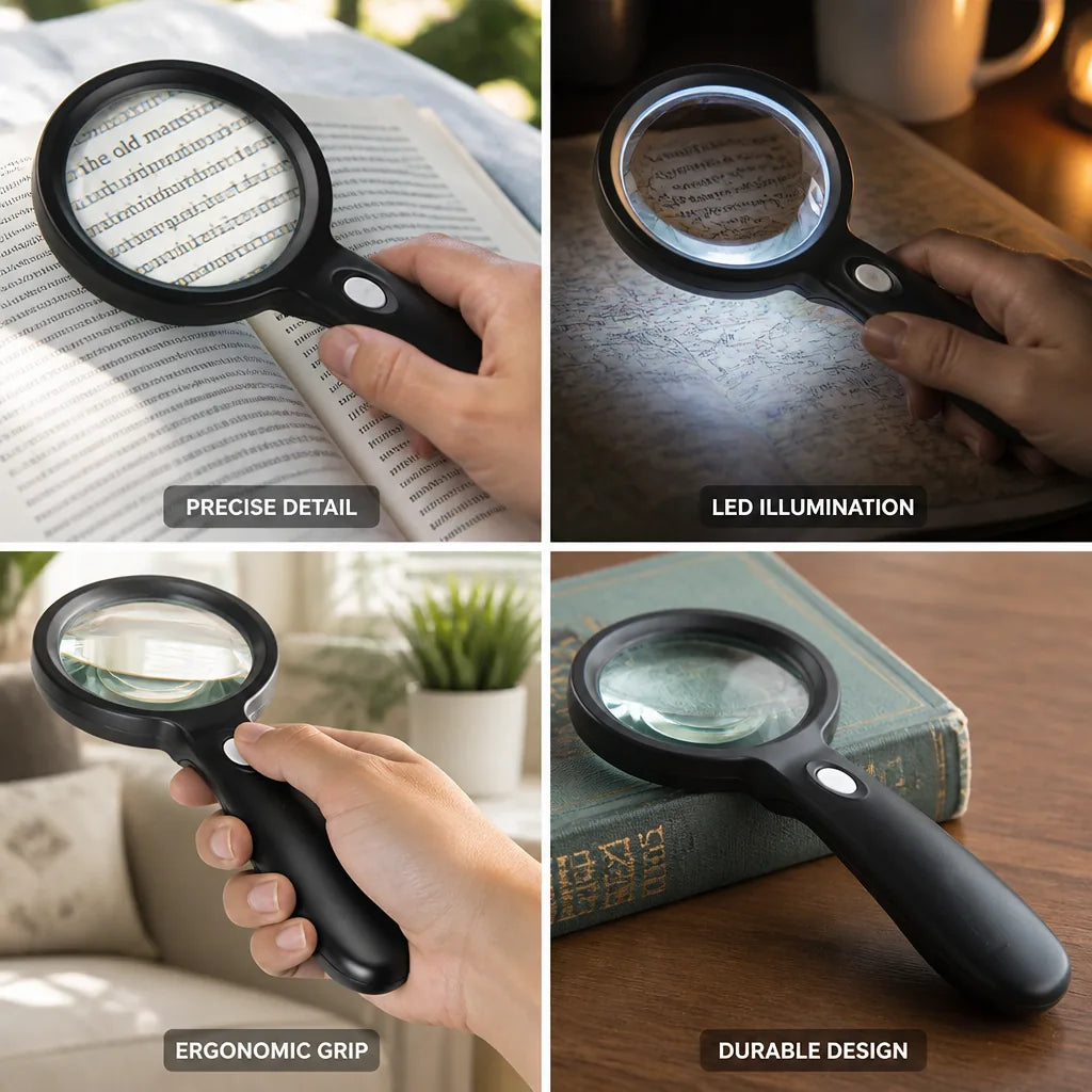 Handheld Magnifier 10X Magnification Built-In LED Ergonomic Handle