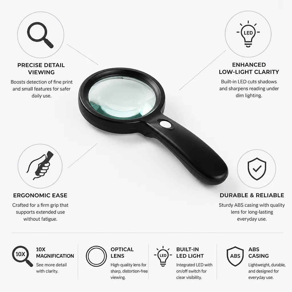 Handheld Magnifier 10X Magnification Built-In LED Ergonomic Handle
