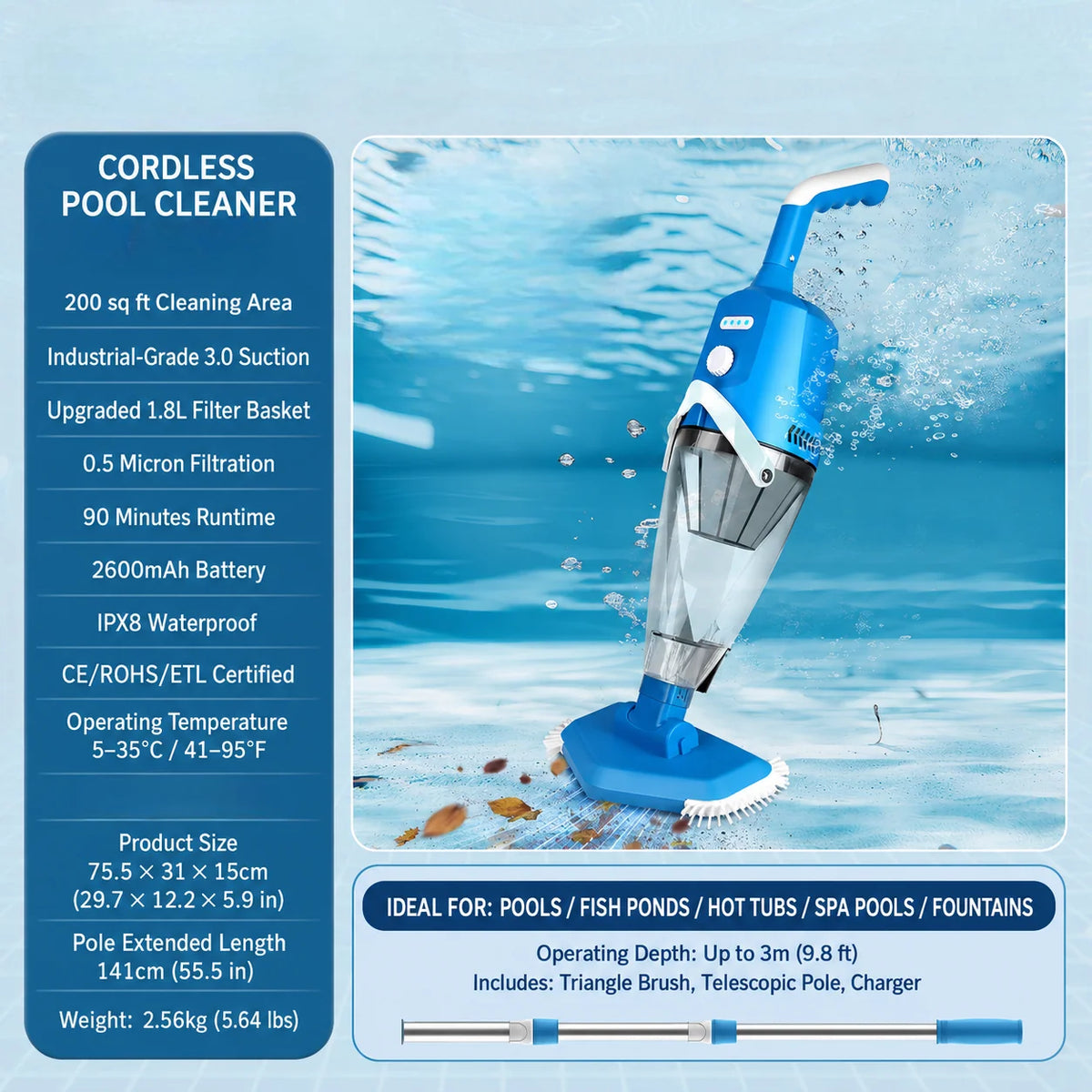 Handheld Pool Vacuum Cordless Rechargeable Four Configurations