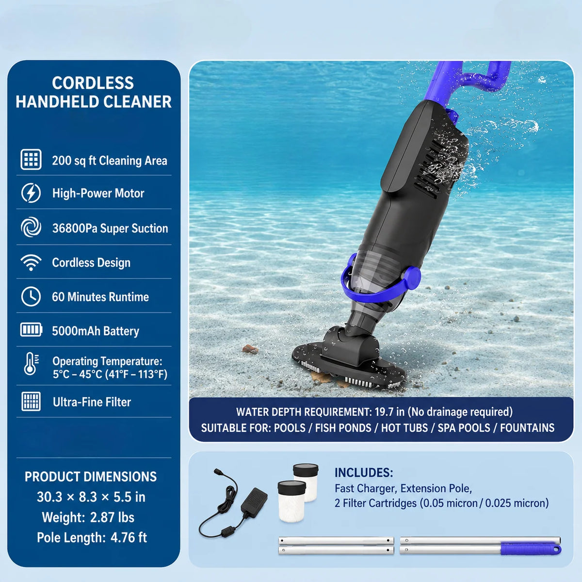 Handheld Pool Vacuum Cordless Rechargeable Four Configurations