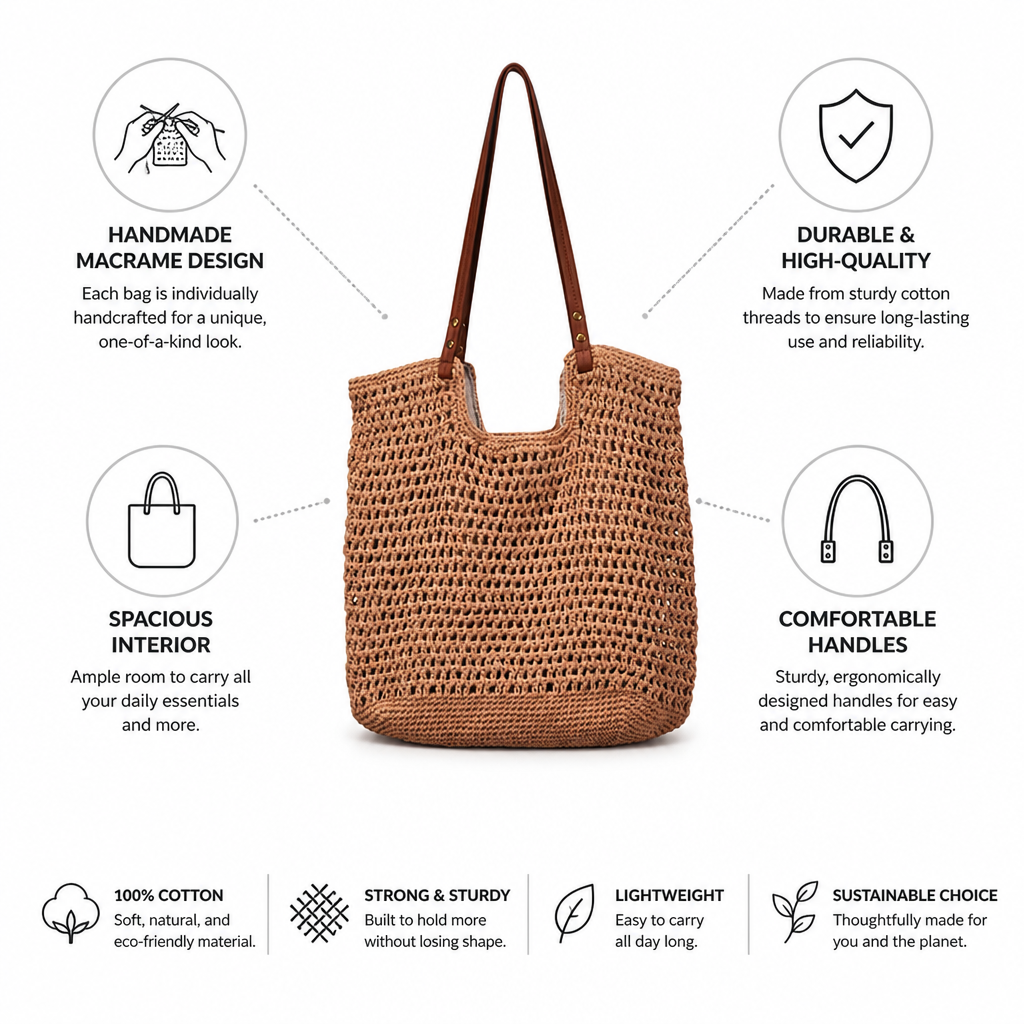 Handmade Cotton Macrame Tote Bag (Spacious Interior)