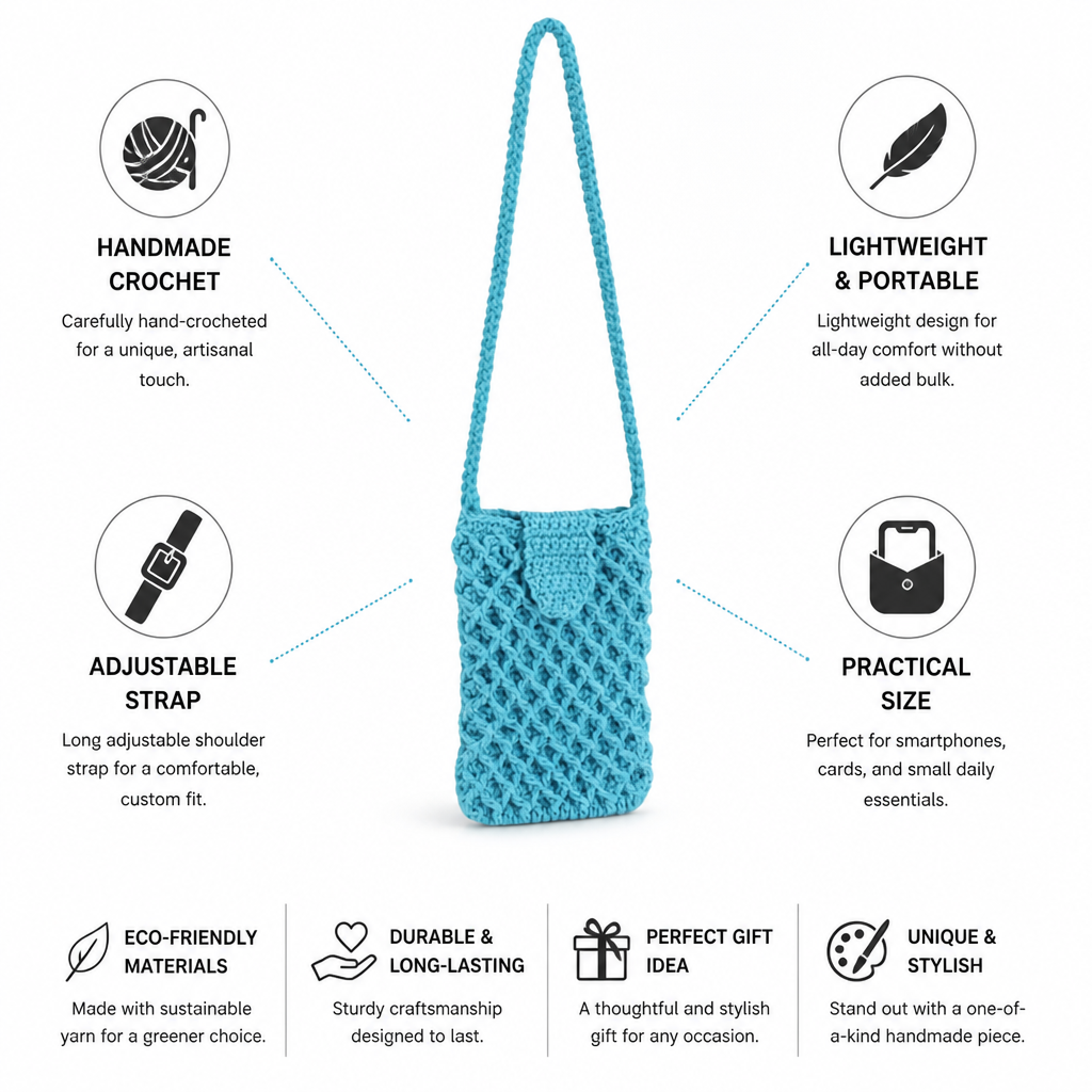 Handmade Crochet Adjustable Strap Phone Bag (Fits Most Smartphones)