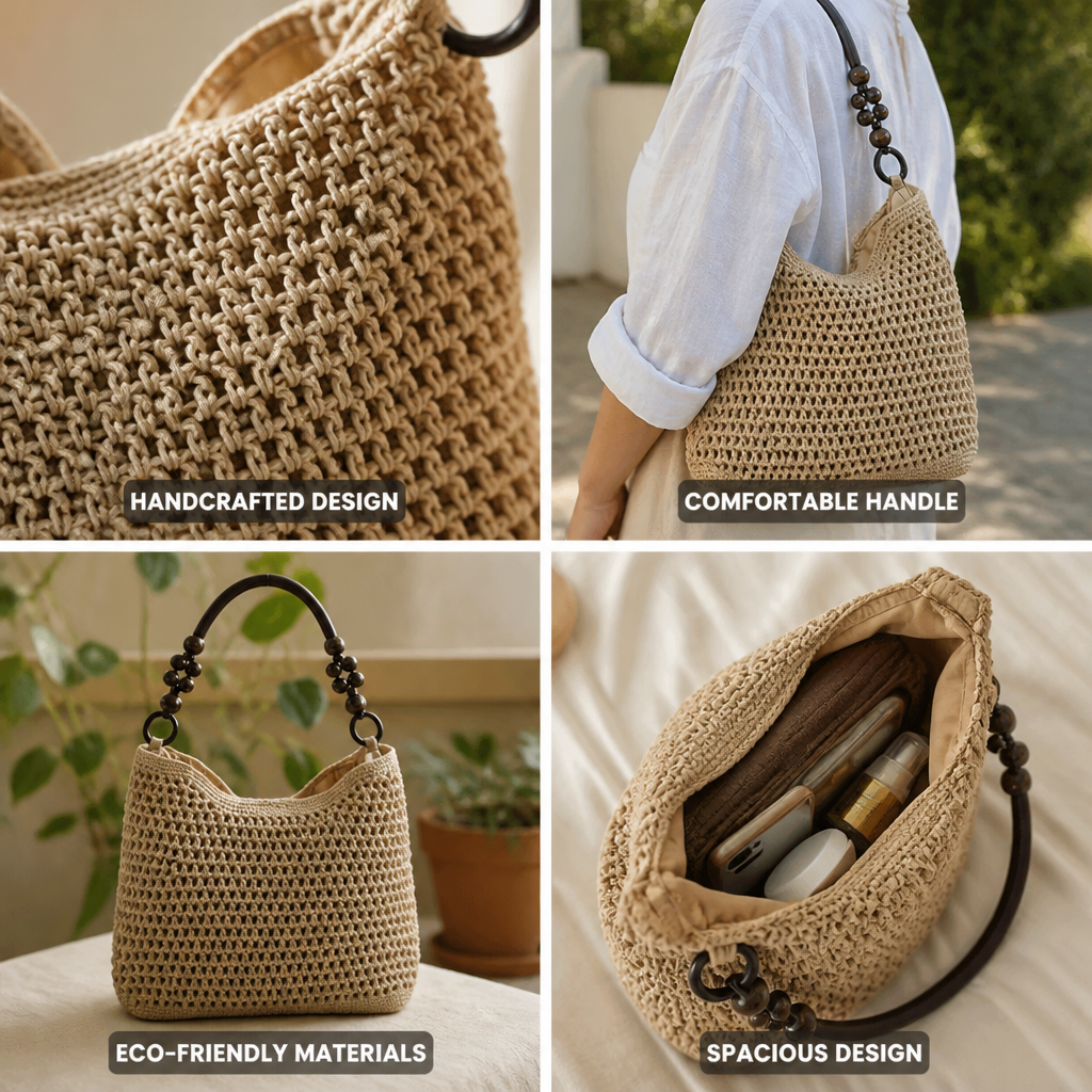 Handmade Eco Mesh Shoulder Bag With Ornate Wooden Handles