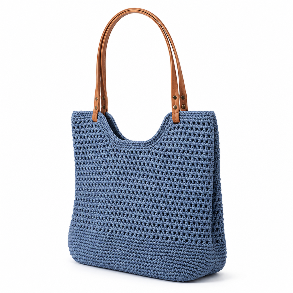 Handmade Macrame Cotton Beach Bag (Hand-Sewn Leather Handles)