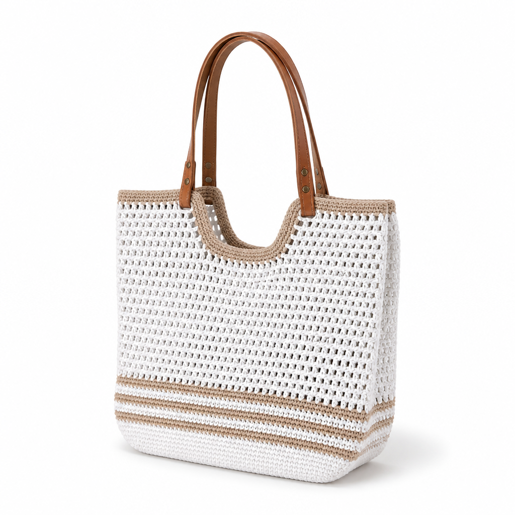 Handmade Macrame Cotton Beach Bag (Hand-Sewn Leather Handles)