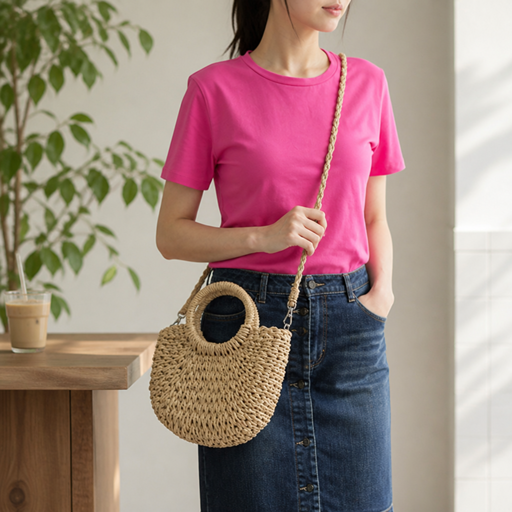 Handmade Natural Bast Handbag (Detachable Shoulder Strap)