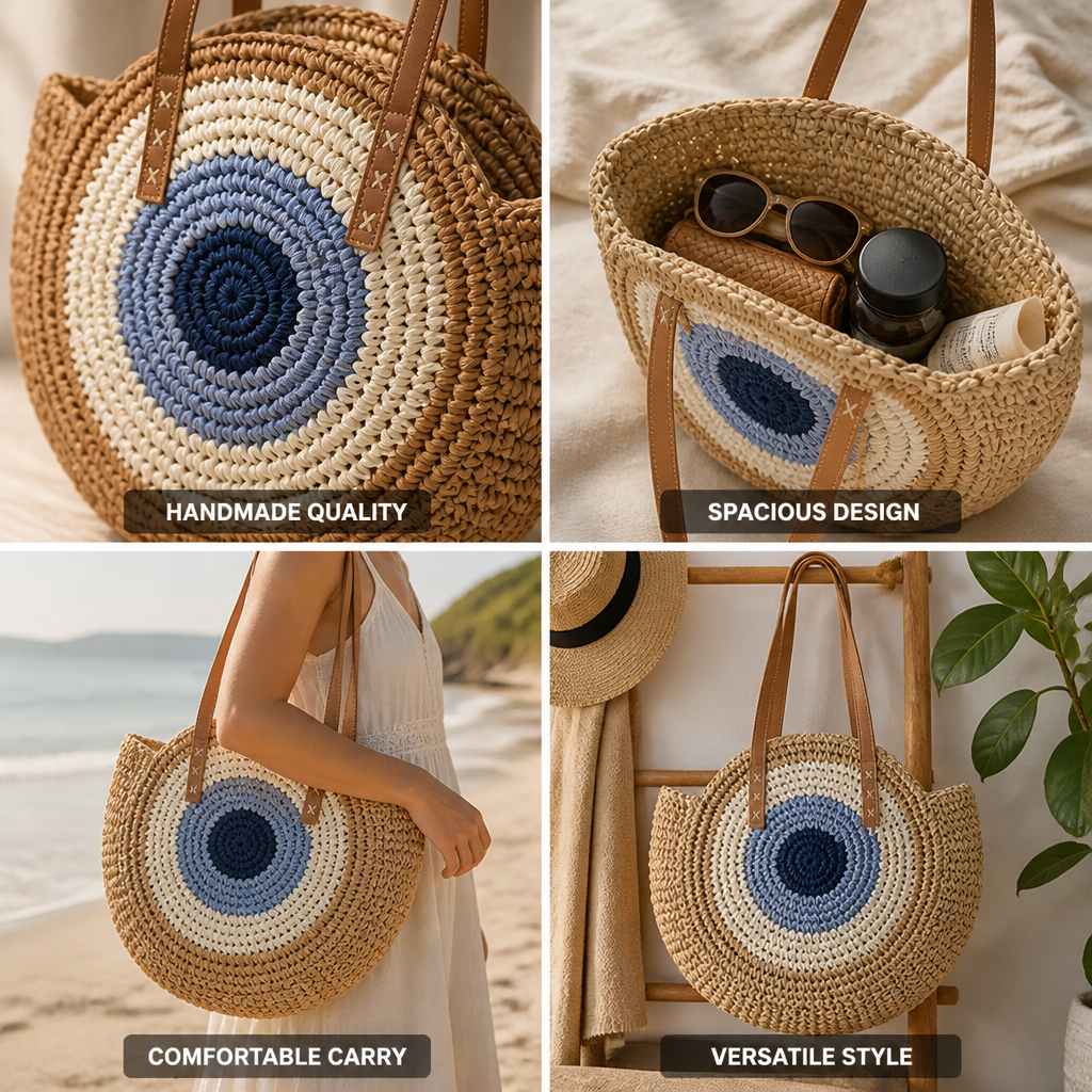 Handmade Natural Rattan Round Shoulder Bag