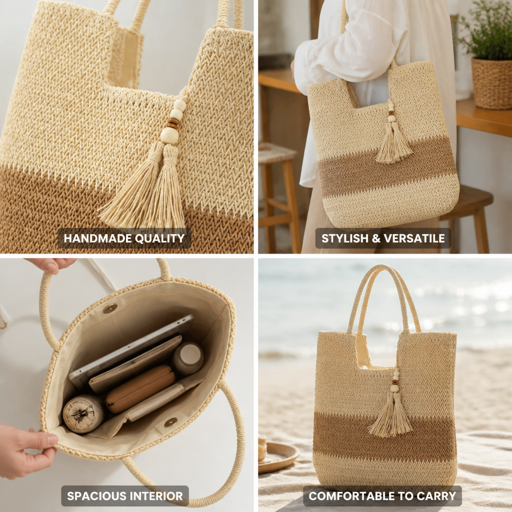 Handmade Natural Straw Tassel Handbag (Spacious Interior)