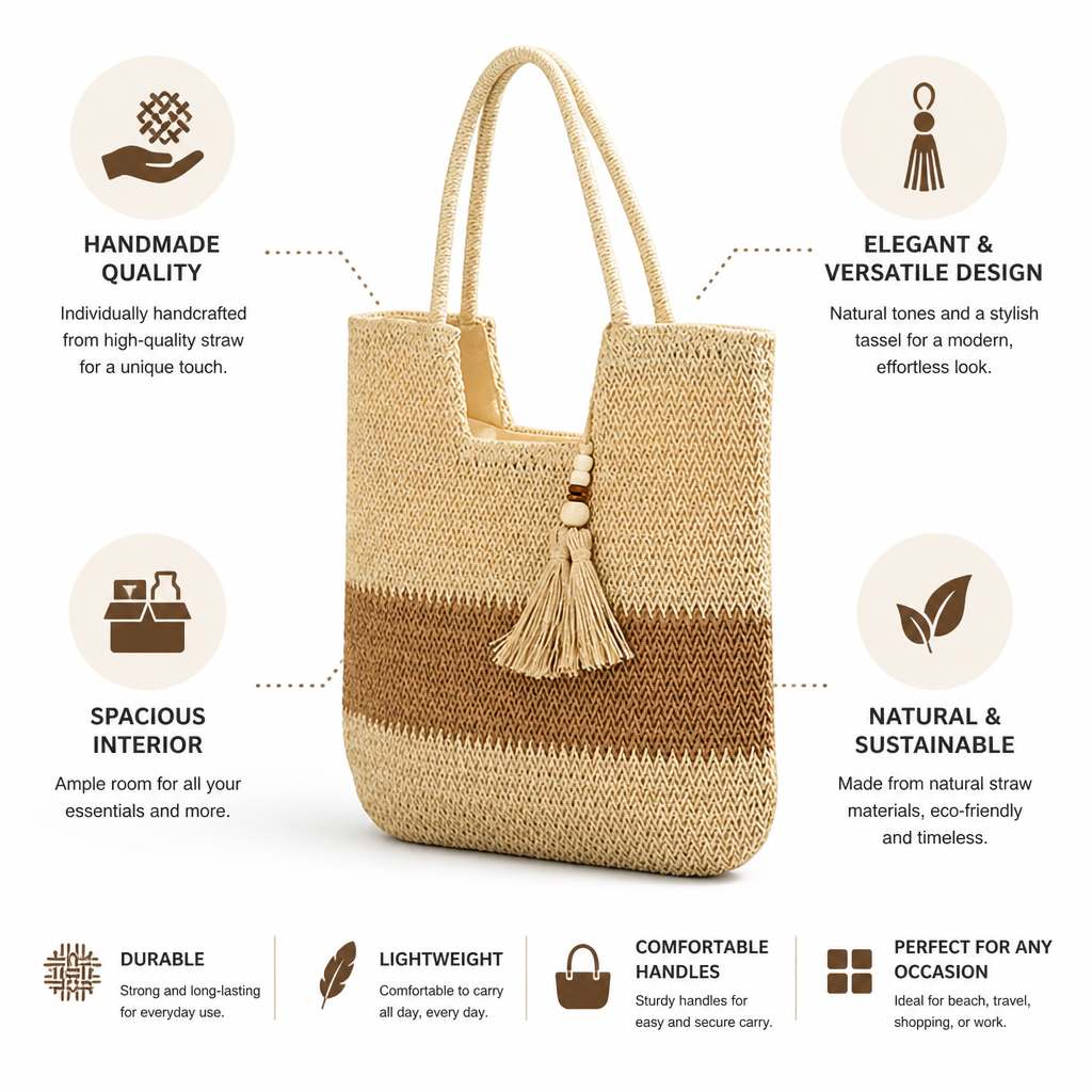 Handmade Natural Straw Tassel Handbag (Spacious Interior)