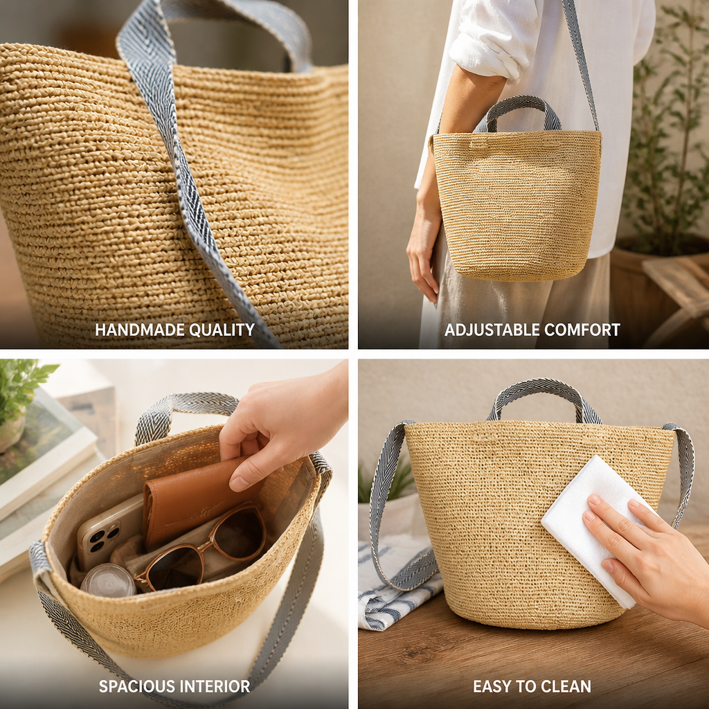 Handmade Natural Straw Tote (Adjustable Strap)