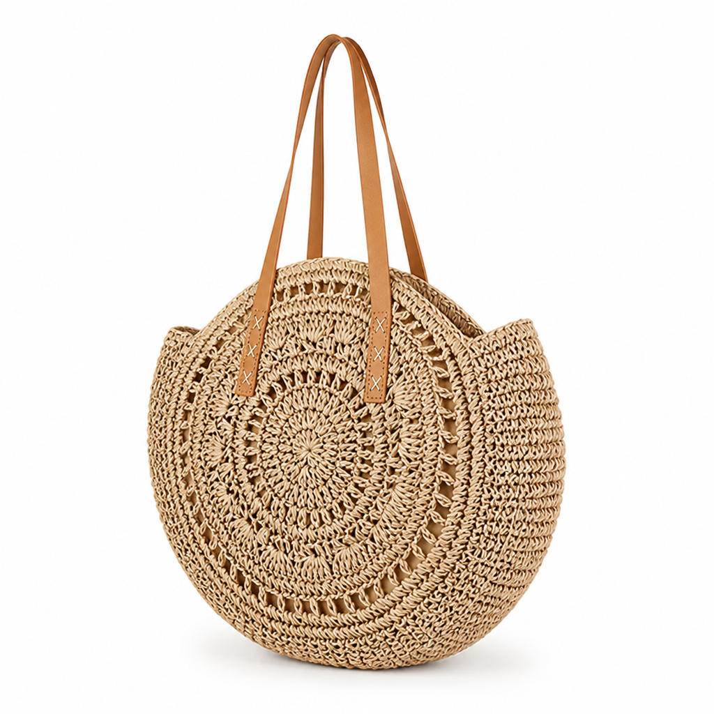 Handmade Round Straw Bag (Leather Handles)