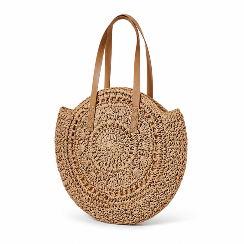 Handmade Round Straw Bag (Leather Handles)