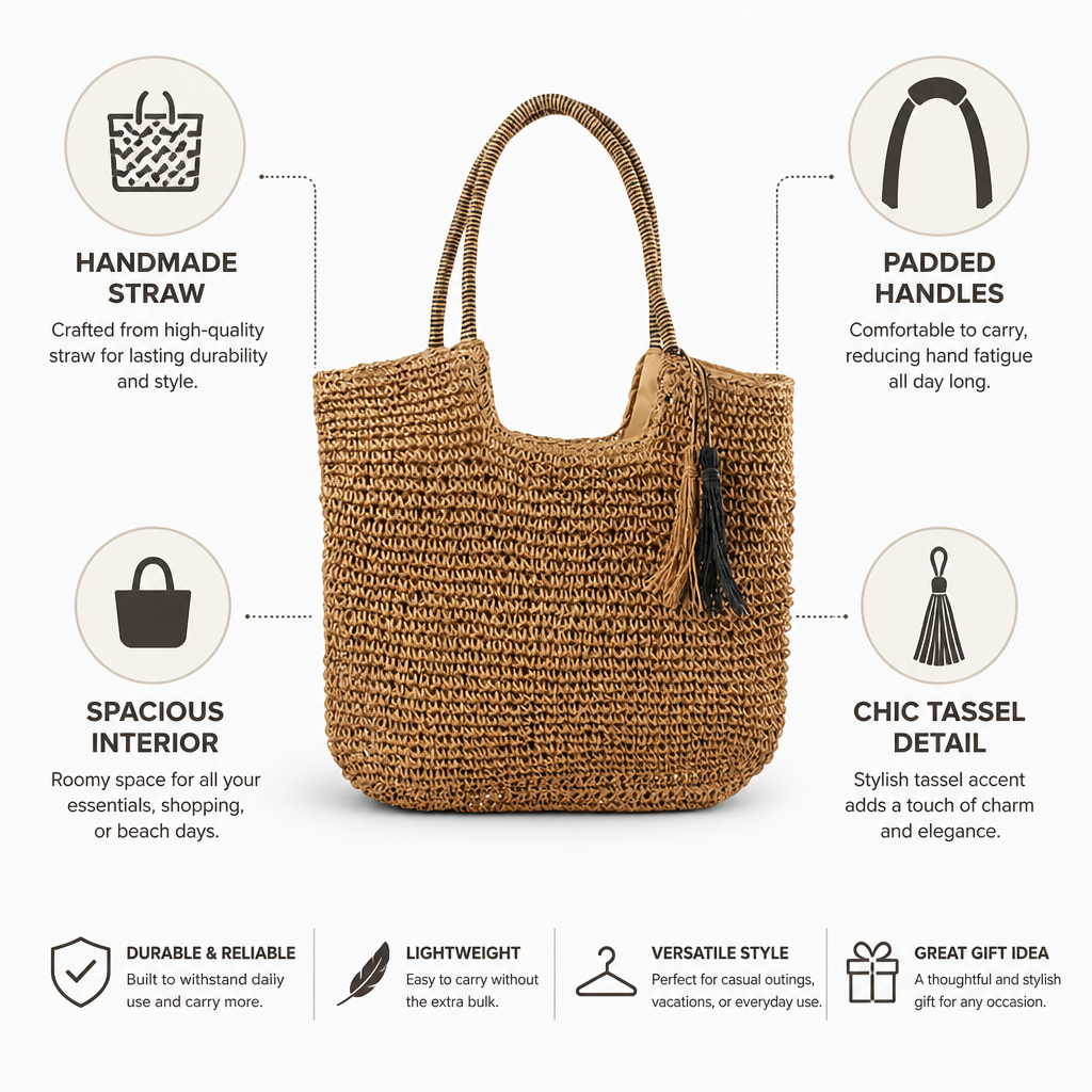 Handmade Straw Tassel Shopper Bag (Padded Handles)