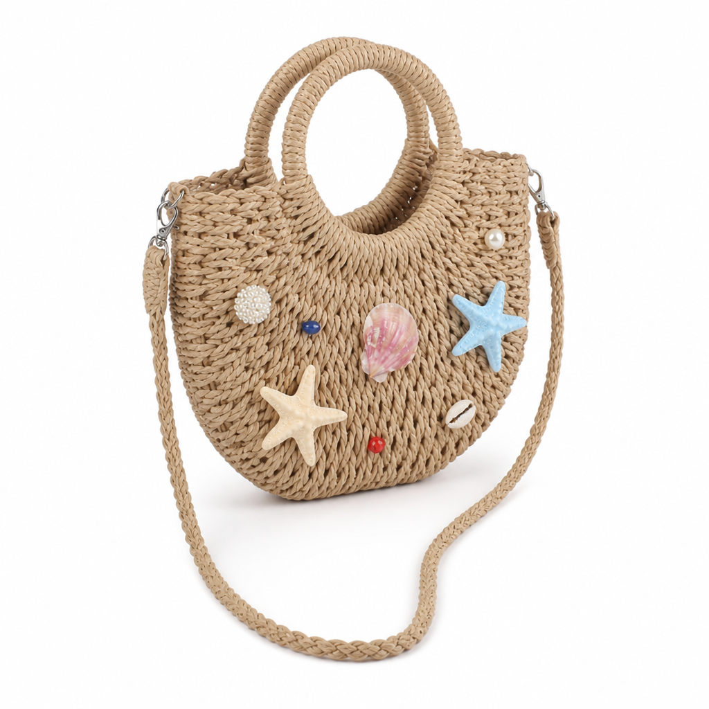 Handmade Woven Straw Beach Tote (Shell & Starfish)