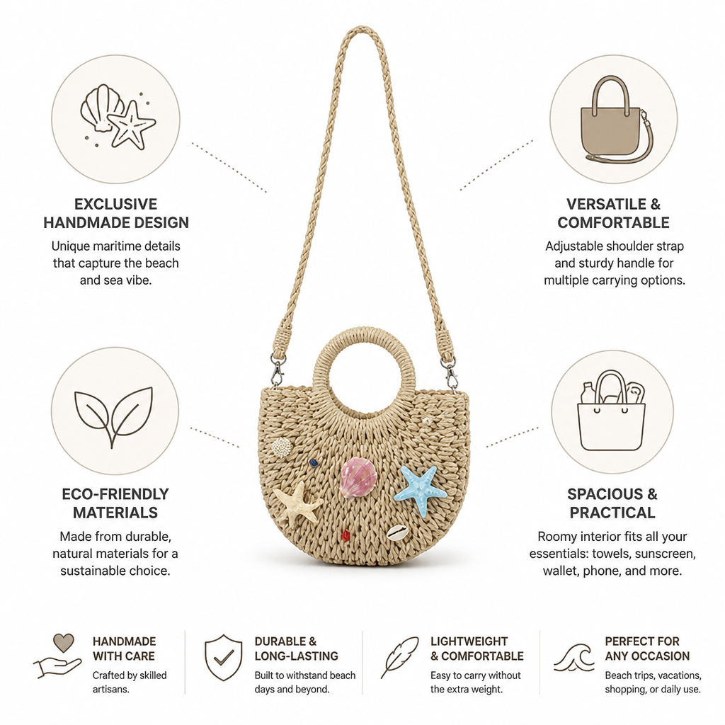 Handmade Woven Straw Beach Tote (Shell & Starfish)