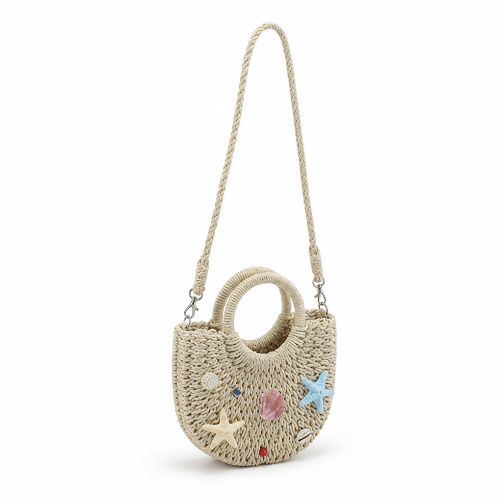Handmade Woven Straw Beach Tote (Shell & Starfish)