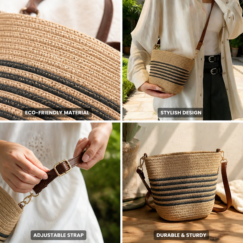 Handmade Woven Straw Crossbody Bag (Adjustable Strap)