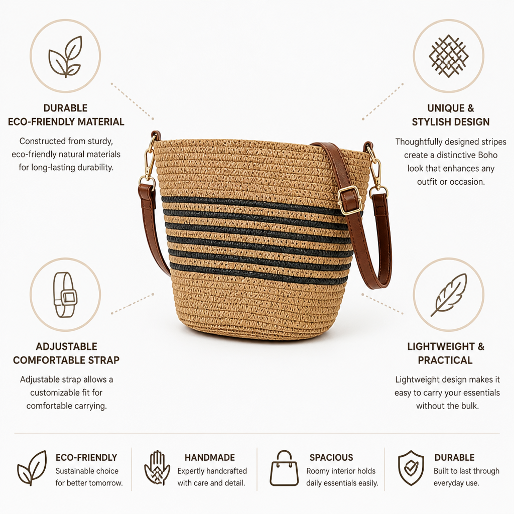 Handmade Woven Straw Crossbody Bag (Adjustable Strap)