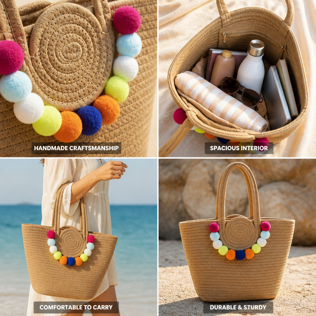 Handmade Woven Straw Pom-Pom Beach Bag
