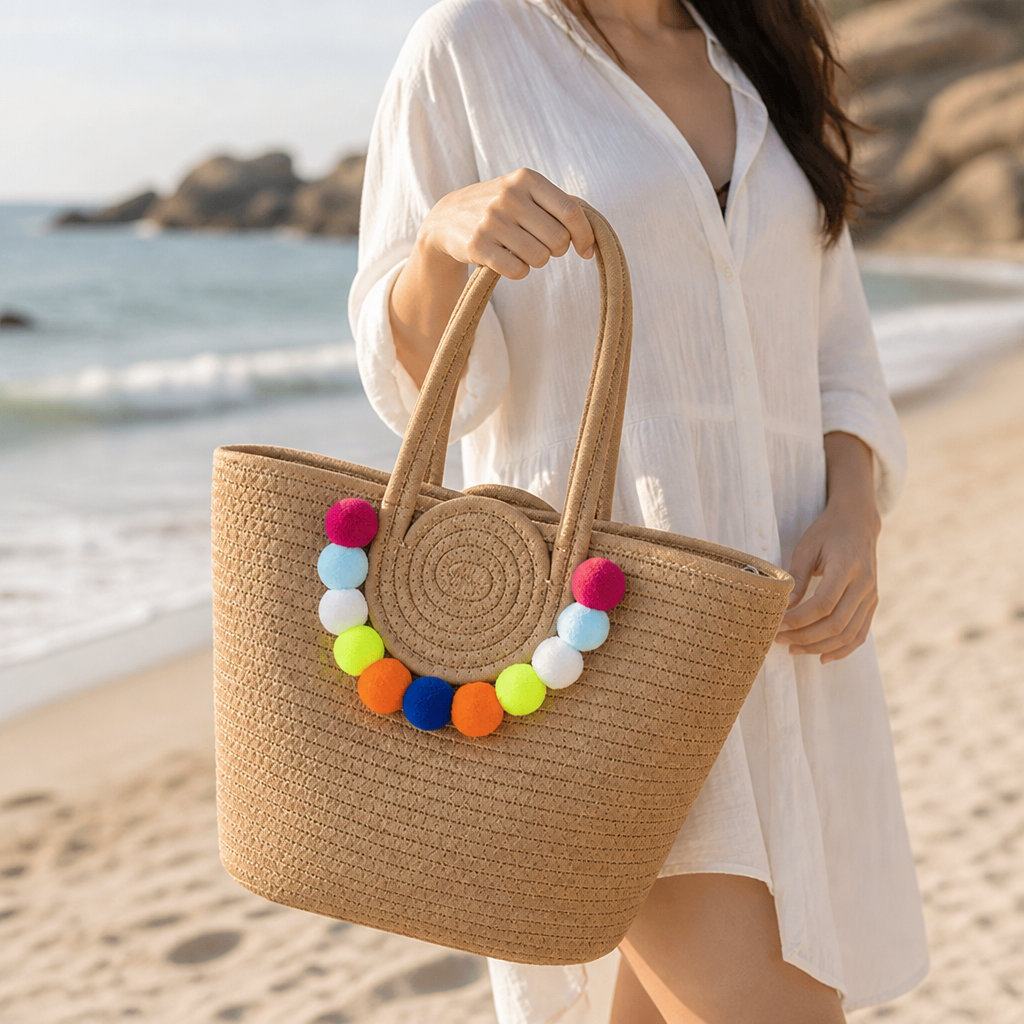 Handmade Woven Straw Pom-Pom Beach Bag