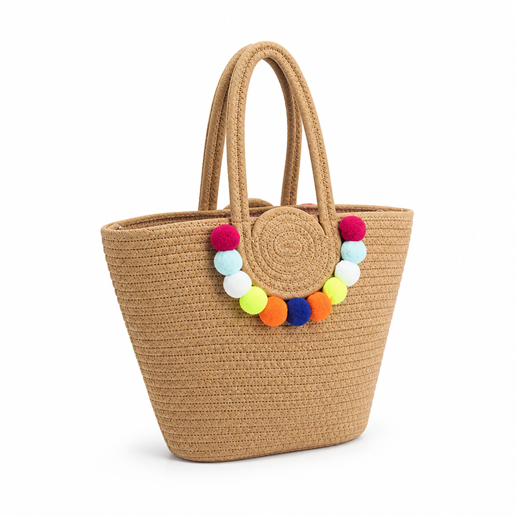 Handmade Woven Straw Pom-Pom Beach Bag