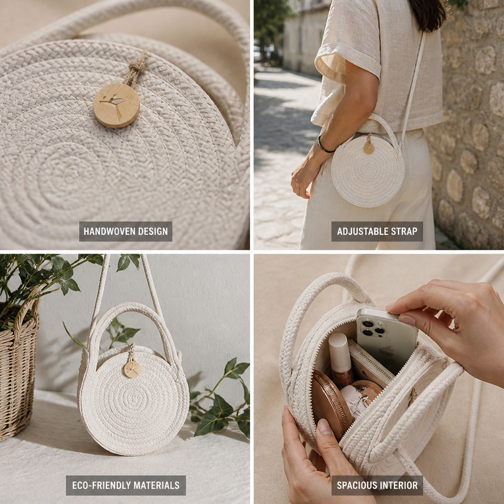 Handwoven Braided Straw Crossbody Bag (Adjustable Strap)